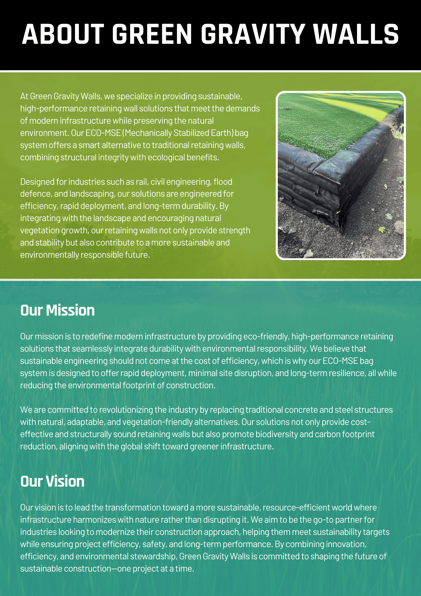 About Green Gravity Walls – Company introduction, mission, and vision, highlighting sustainable ECO-MSE retaining wall solutions.
