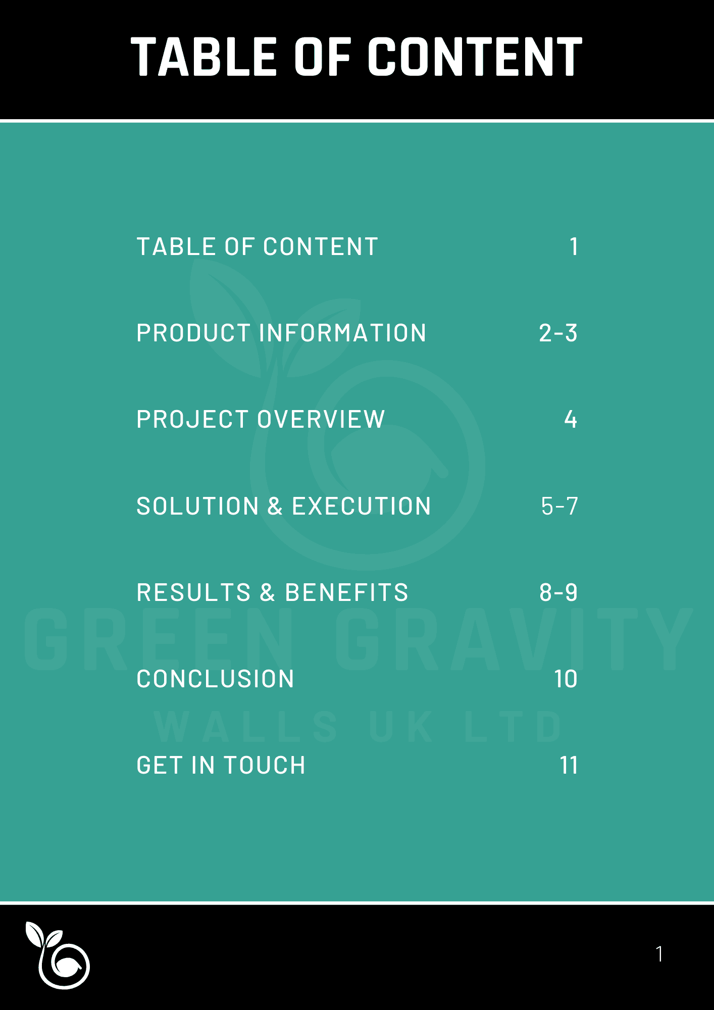 Table of Contents page listing the sections of the Green Gravity Walls case study document.