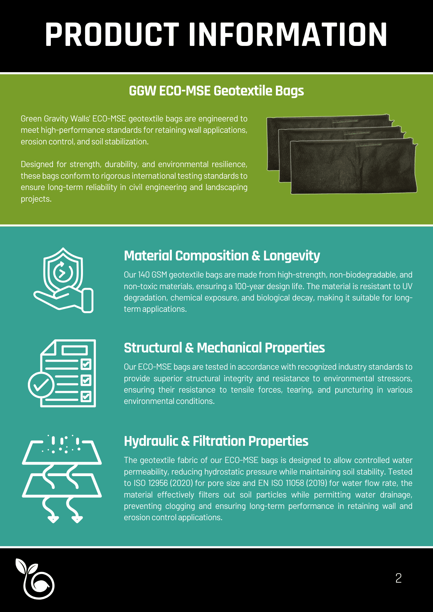 Product information page outlining the features and benefits of Green Gravity Walls' ECO-MSE retaining wall solutions.