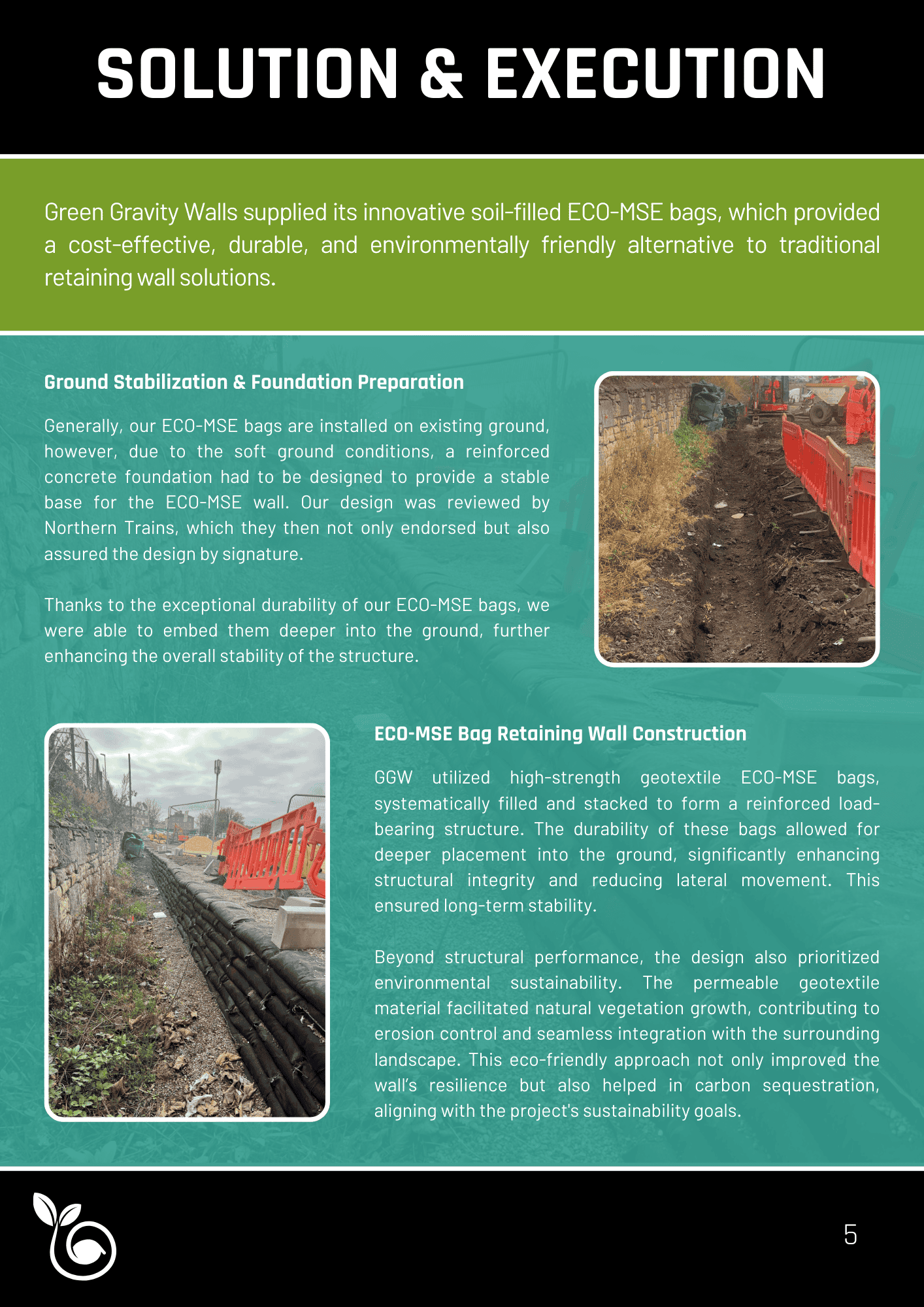 Solution and execution page 1 detailing the implementation of Green Gravity Walls' ECO-MSE retaining wall system.