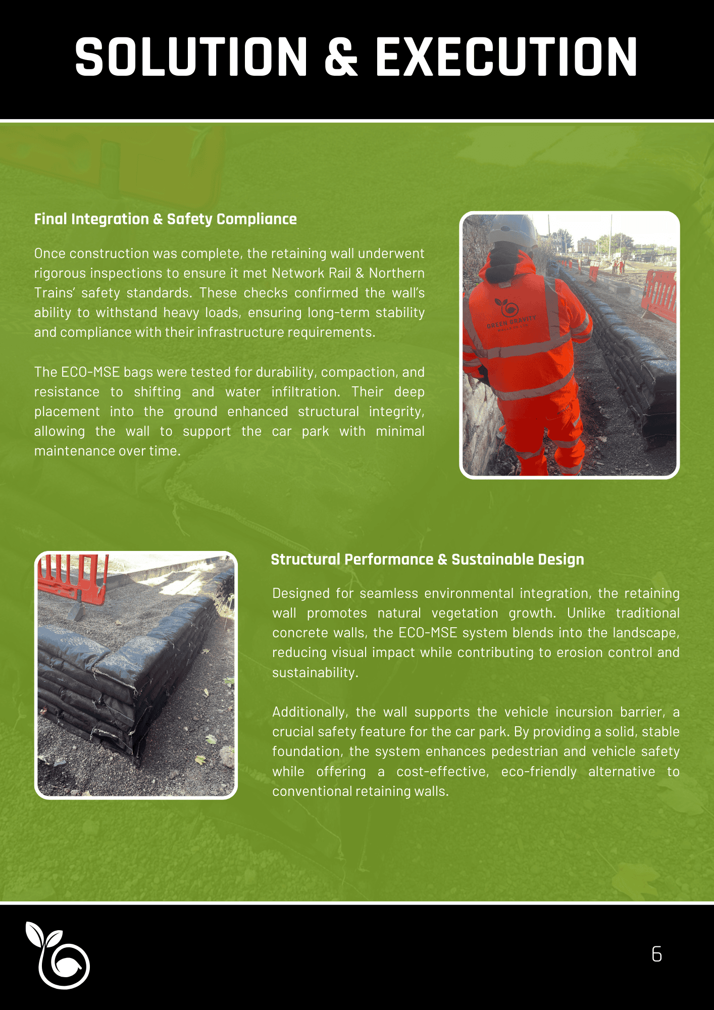 Solution and execution page 2 detailing the implementation of Green Gravity Walls' ECO-MSE retaining wall system.