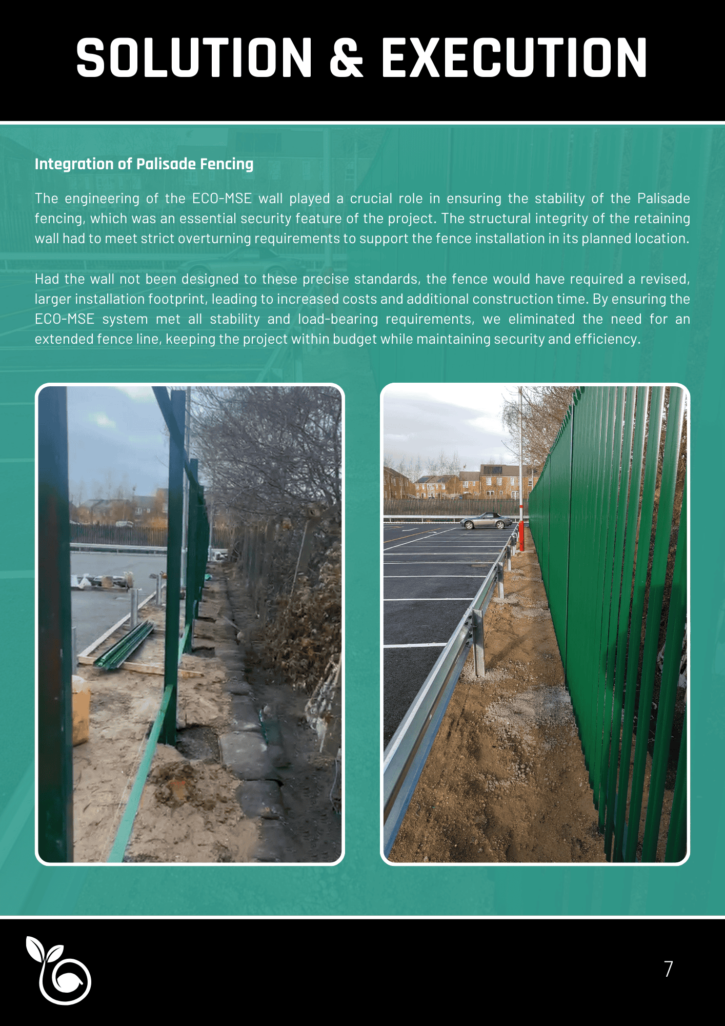 Solution and execution page 3 detailing the implementation of Green Gravity Walls' ECO-MSE retaining wall system.
