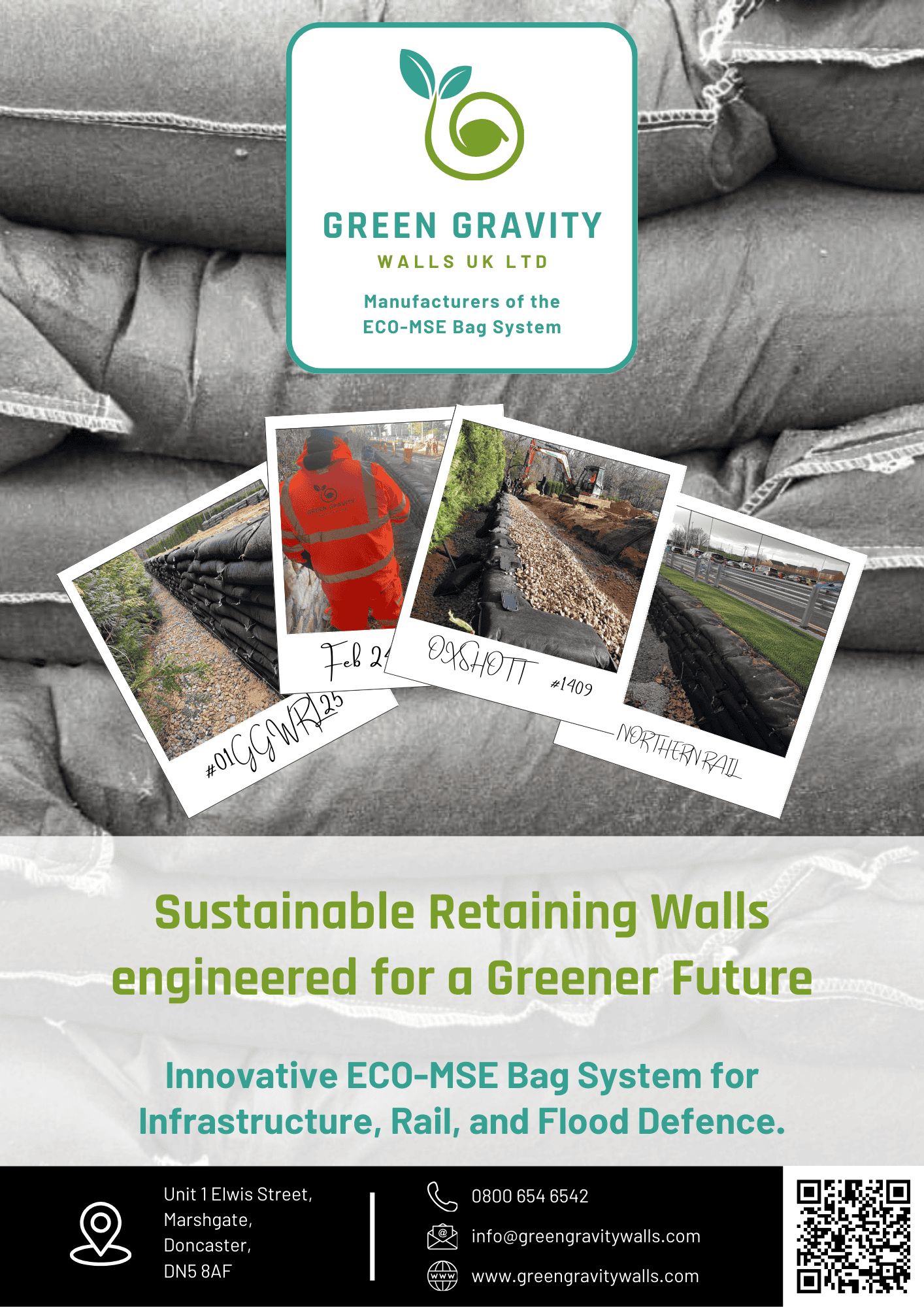 Green Gravity Walls brochure cover featuring ECO-MSE bag retaining walls, company branding, and key contact details.