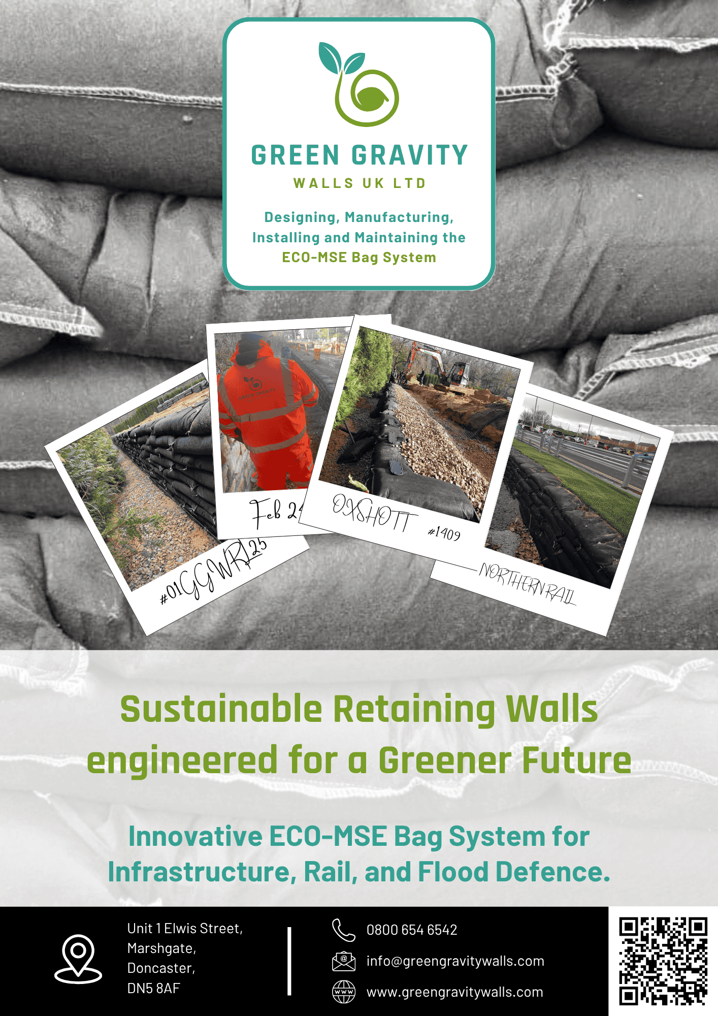 Green Gravity Walls brochure cover featuring ECO-MSE bag retaining walls, company branding, and key contact details.