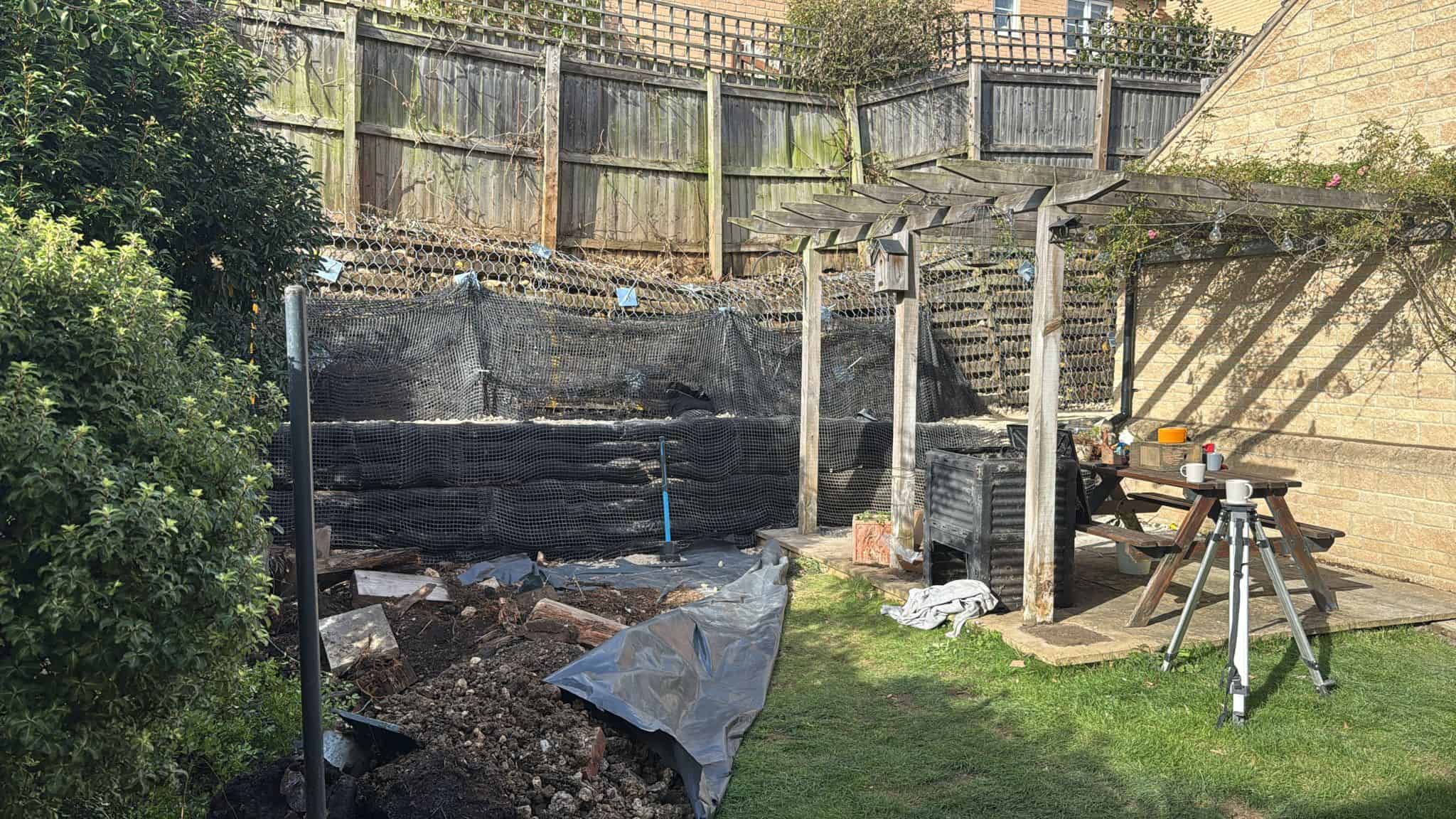 Stage 10 of ECO-MSE timber crib wall repair in Peterborough private garden