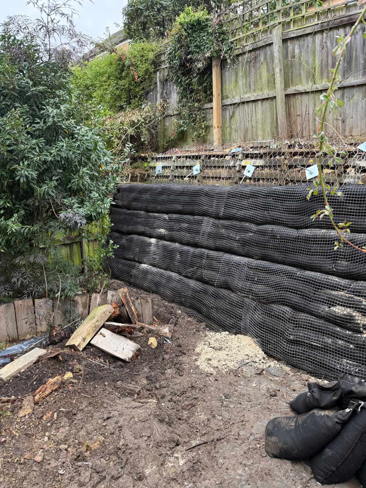 Stage 13 of ECO-MSE timber crib wall repair in Peterborough private garden