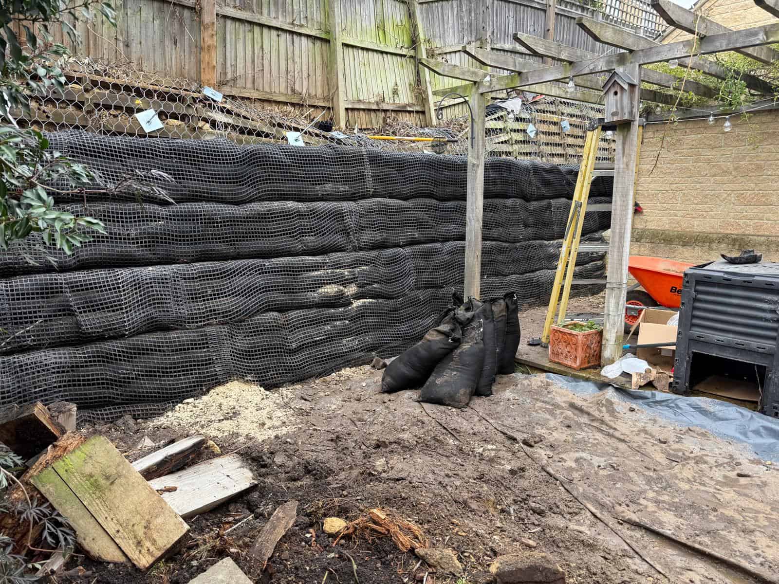 Stage 14 of ECO-MSE timber crib wall repair in Peterborough private garden