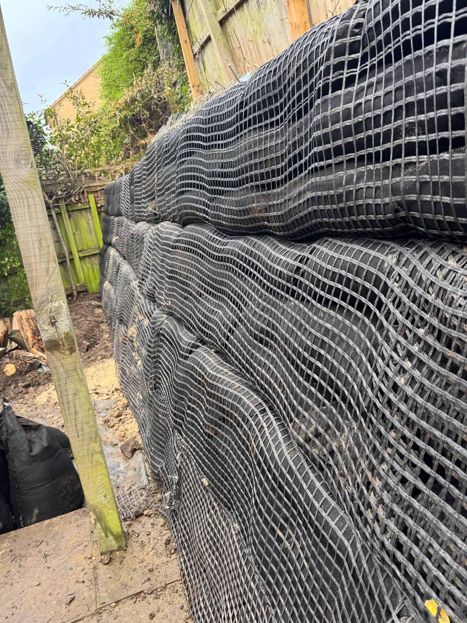 Stage 16 of ECO-MSE timber crib wall repair in Peterborough private garden